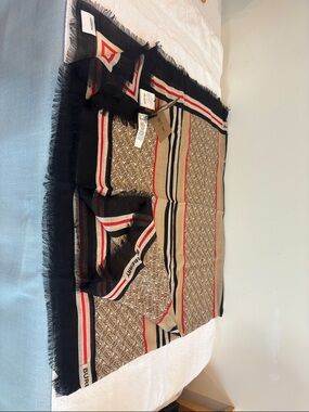 Burberry Beige Black Red Striped Monogram Fringed Scarf Wrap (New with tags)
